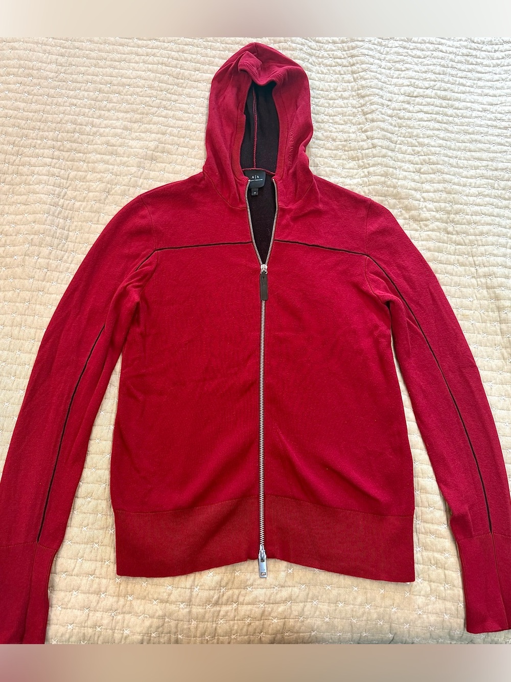Armani Exchange Mens Red Full Zip Knit Hoodie Sweater Contrast Piping Size XS